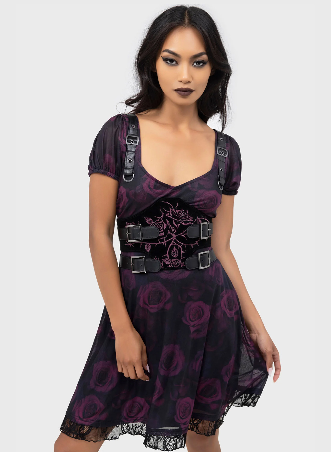 Killstar Ebonrose Dress. Black mesh dress with dark red rose print, puff sleeves and buckle details from Killstar.