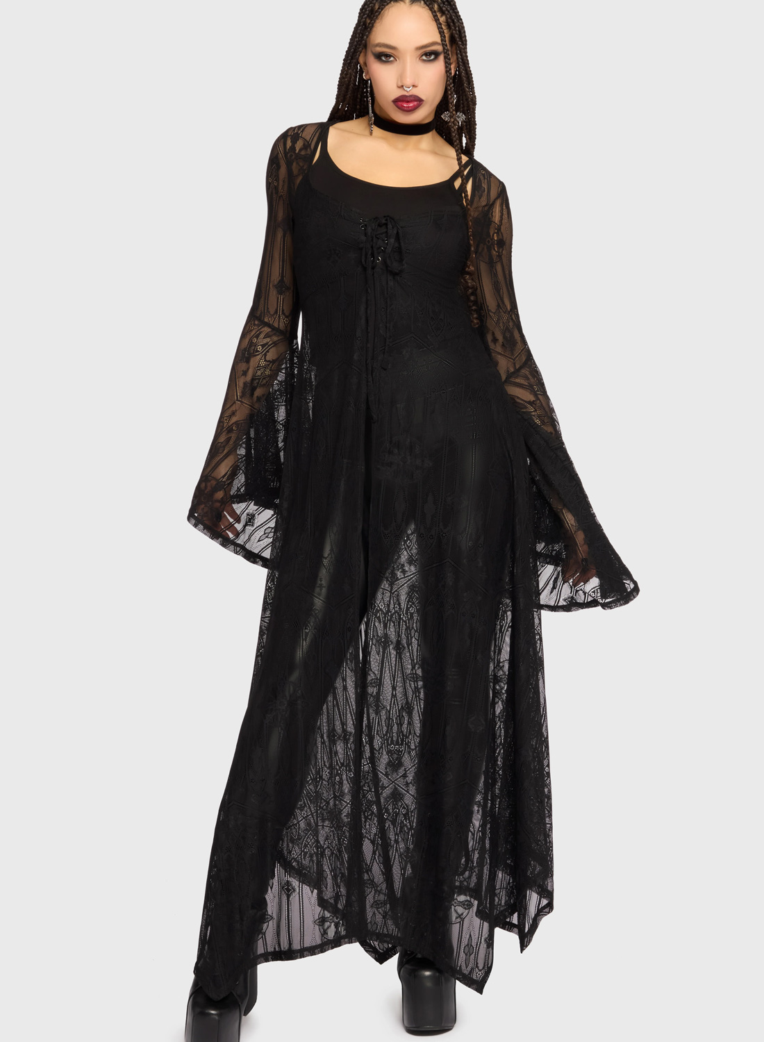 Killstar Shadow Queen Duster. Black long dress coat in cathedral lace with wide sleeves and lace-up front from Killstar.