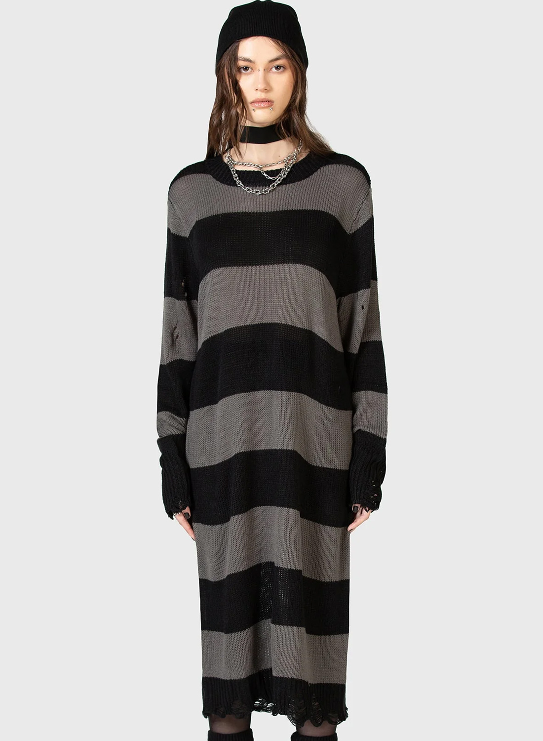 Killstar Within Souls Sweater Dress. Black and gray striped knitted dress in midi length with distressed details and oversized fit from Killstar.