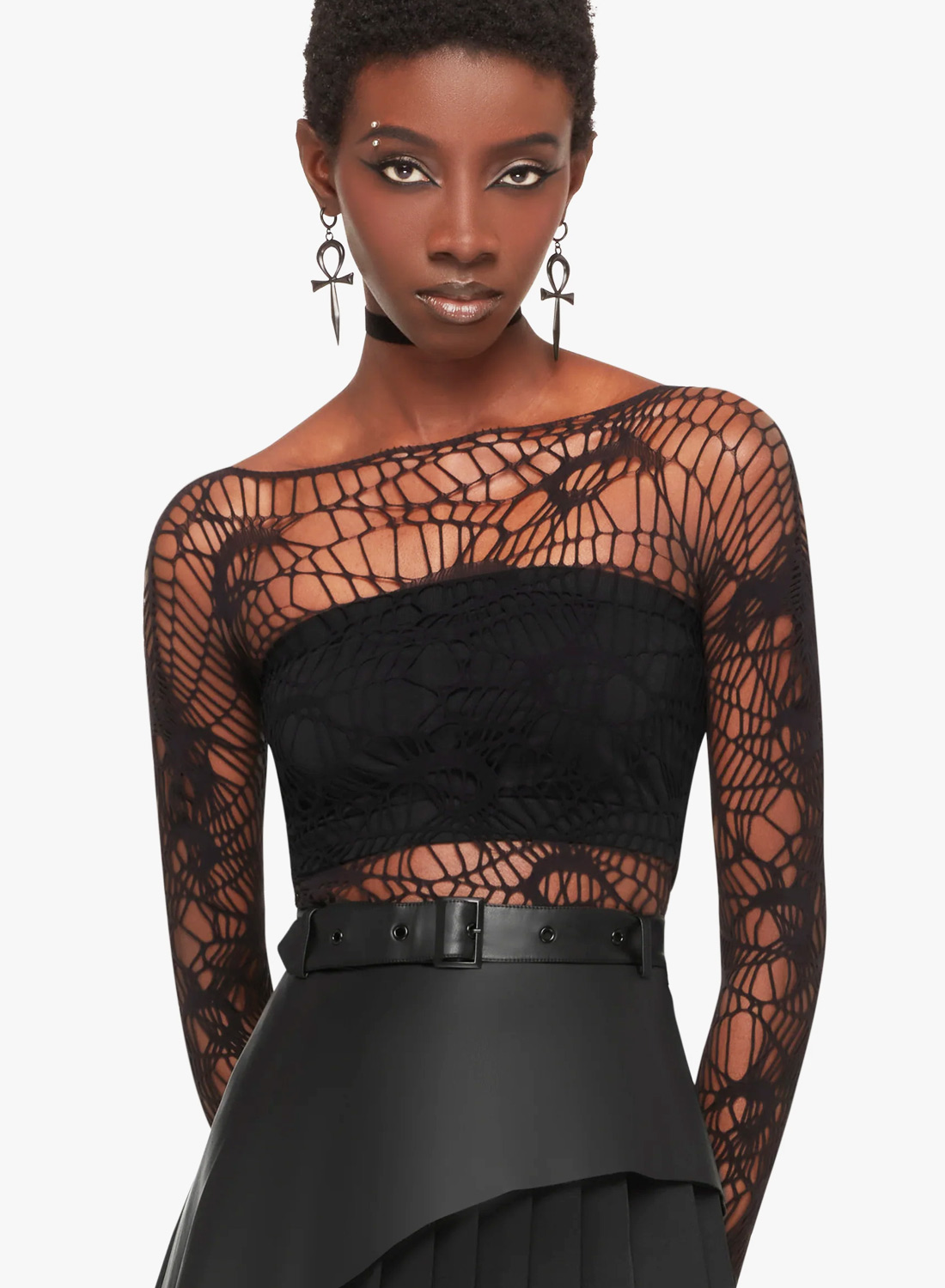 Killstar Lamenthia Top. Black transparent mesh top with moon-inspired cobweb pattern and long sleeves from Killstar.