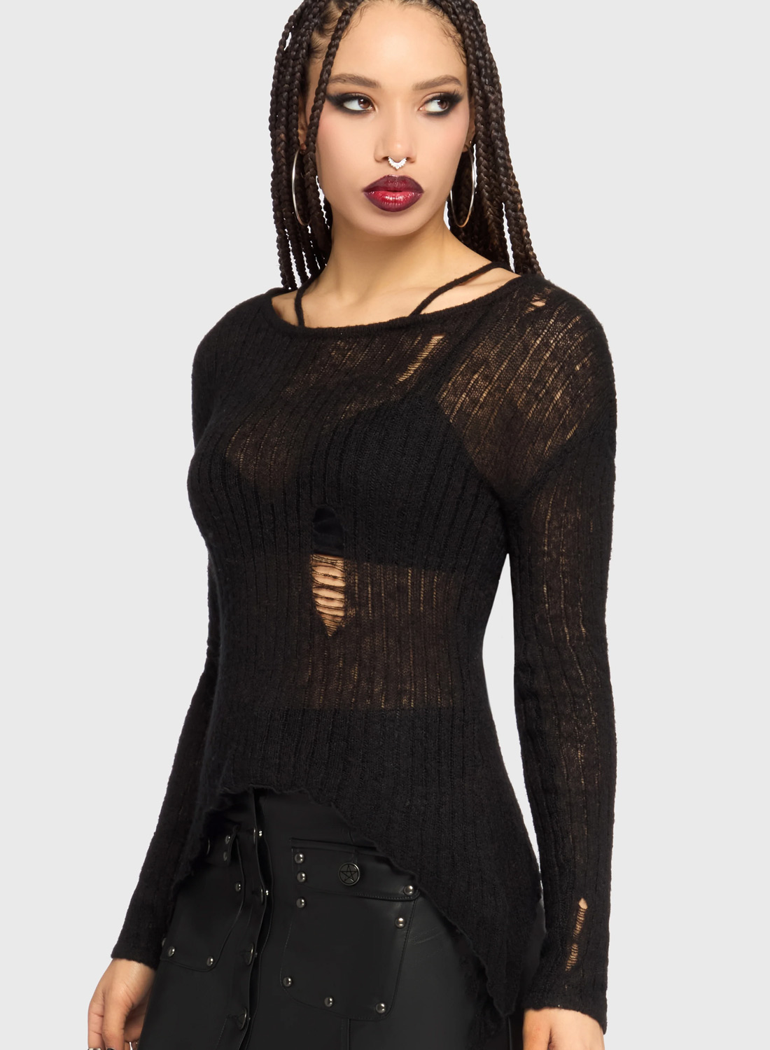 Killstar Haunting Echoes Top. Black distressed knit top with holes, asymmetric hem and wide neckline from Killstar.