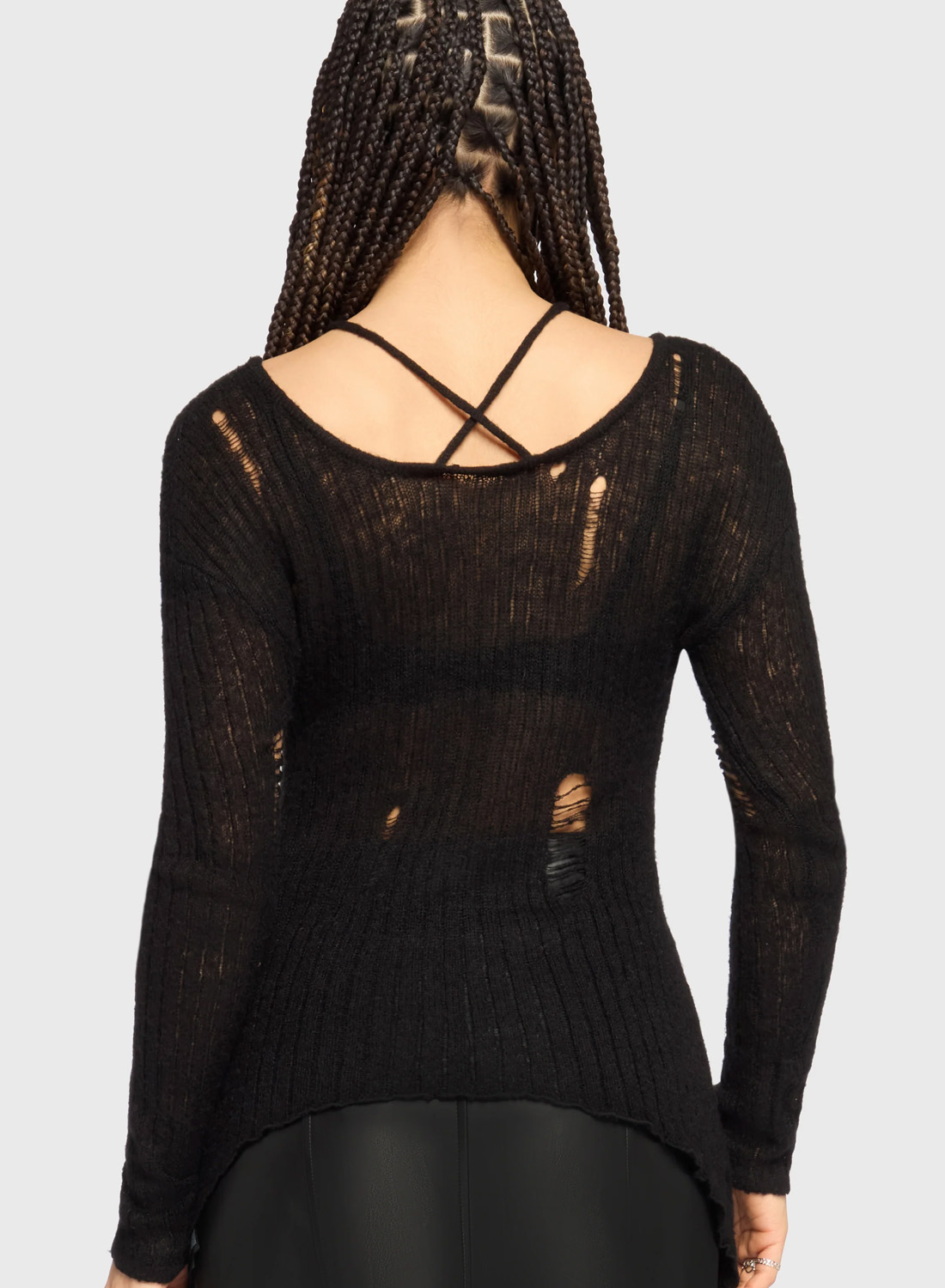 Killstar Haunting Echoes Top. Black distressed knit top with holes, asymmetric hem and wide neckline from Killstar.