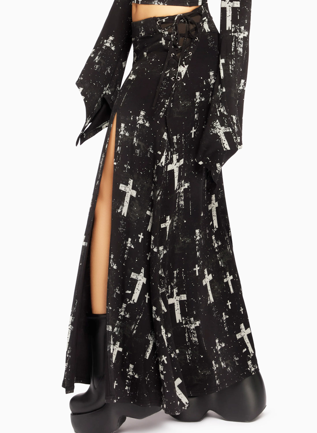 Killstar Tenebris Chapel Skirt. Black long mesh skirt with cross pattern, high slit and lace-up detail from Killstar.