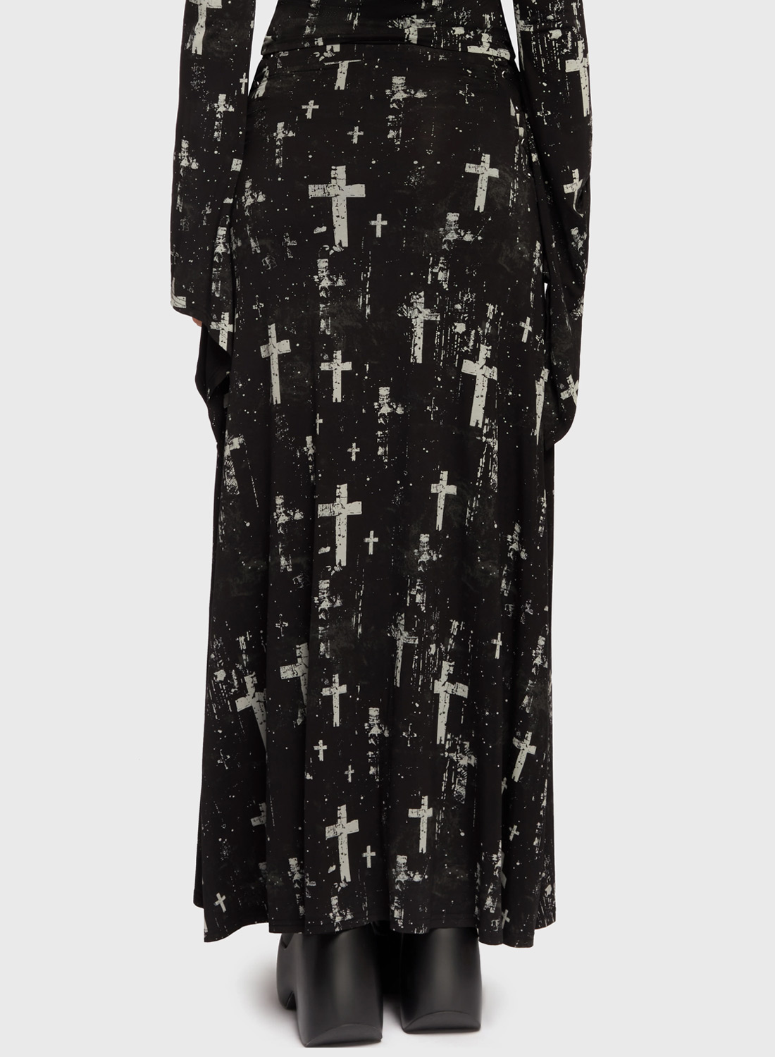 Killstar Tenebris Chapel Skirt, Black long mesh skirt with cross pattern, high slit and lace-up detail from Killstar