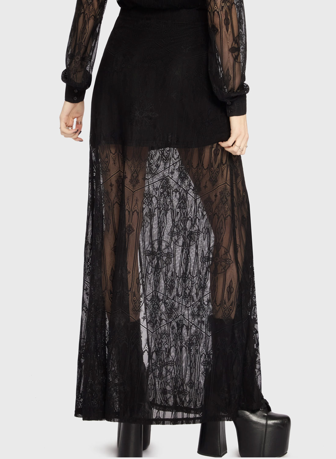 Killstar Transept Maxi Skirt. Black maxi skirt in cathedral lace with high waist, double high slits and built-in mini skirt from Killstar.