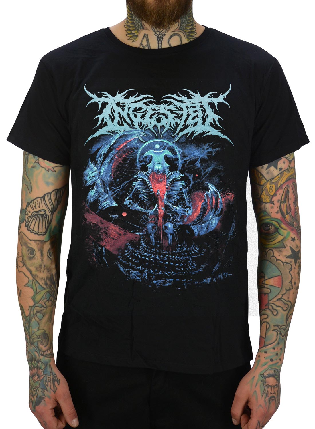 Black Ingested T-shirt with brutal death metal motif in blue and red tones representing skeletons and dark fantasy design.