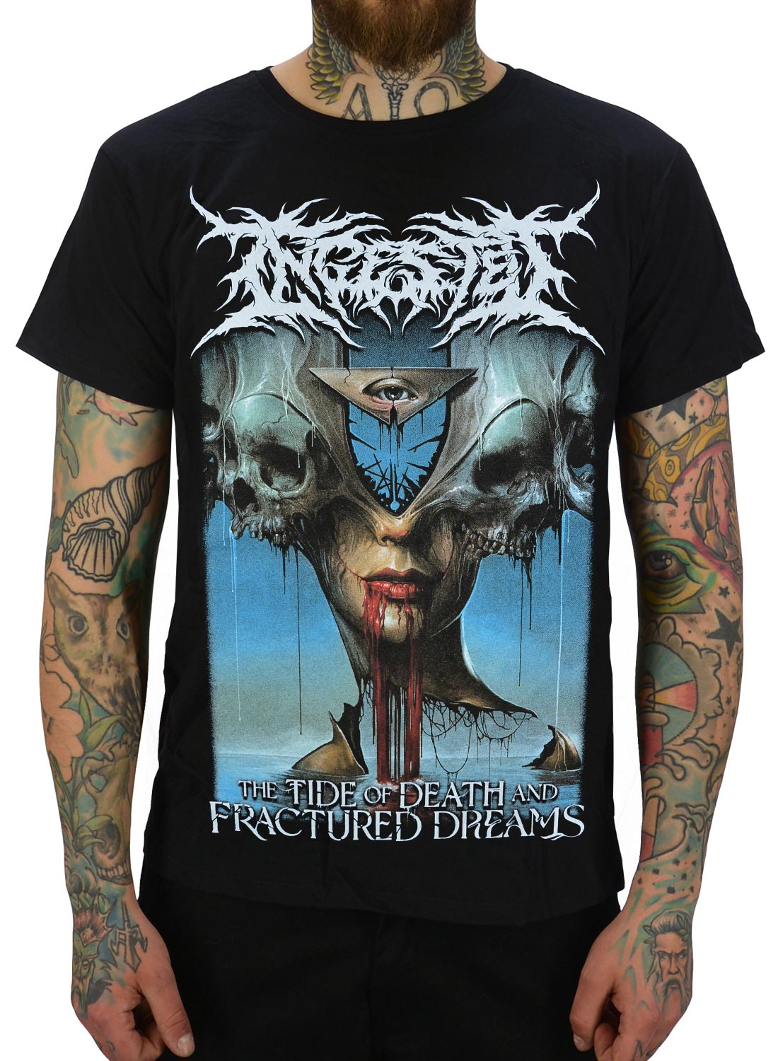 Ingested T-shirt black with death metal motif with skulls, eye and bloody design.