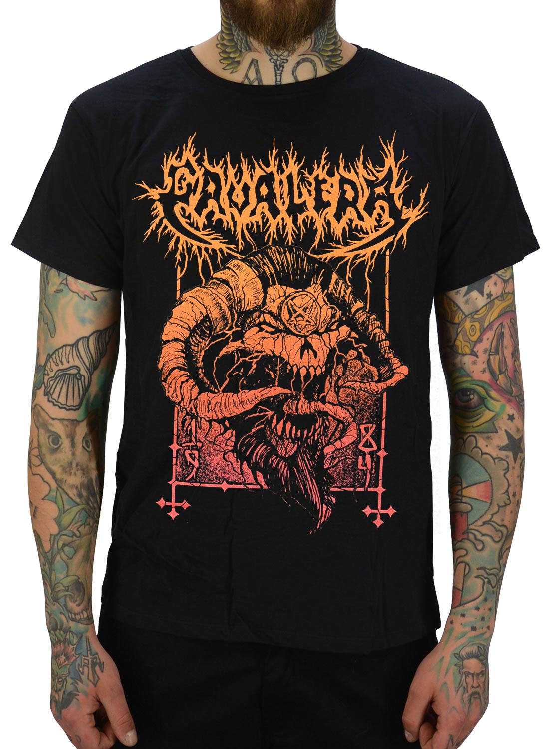 Cavalera T-shirt with orange death metal motif and demonic design on black fabric.
