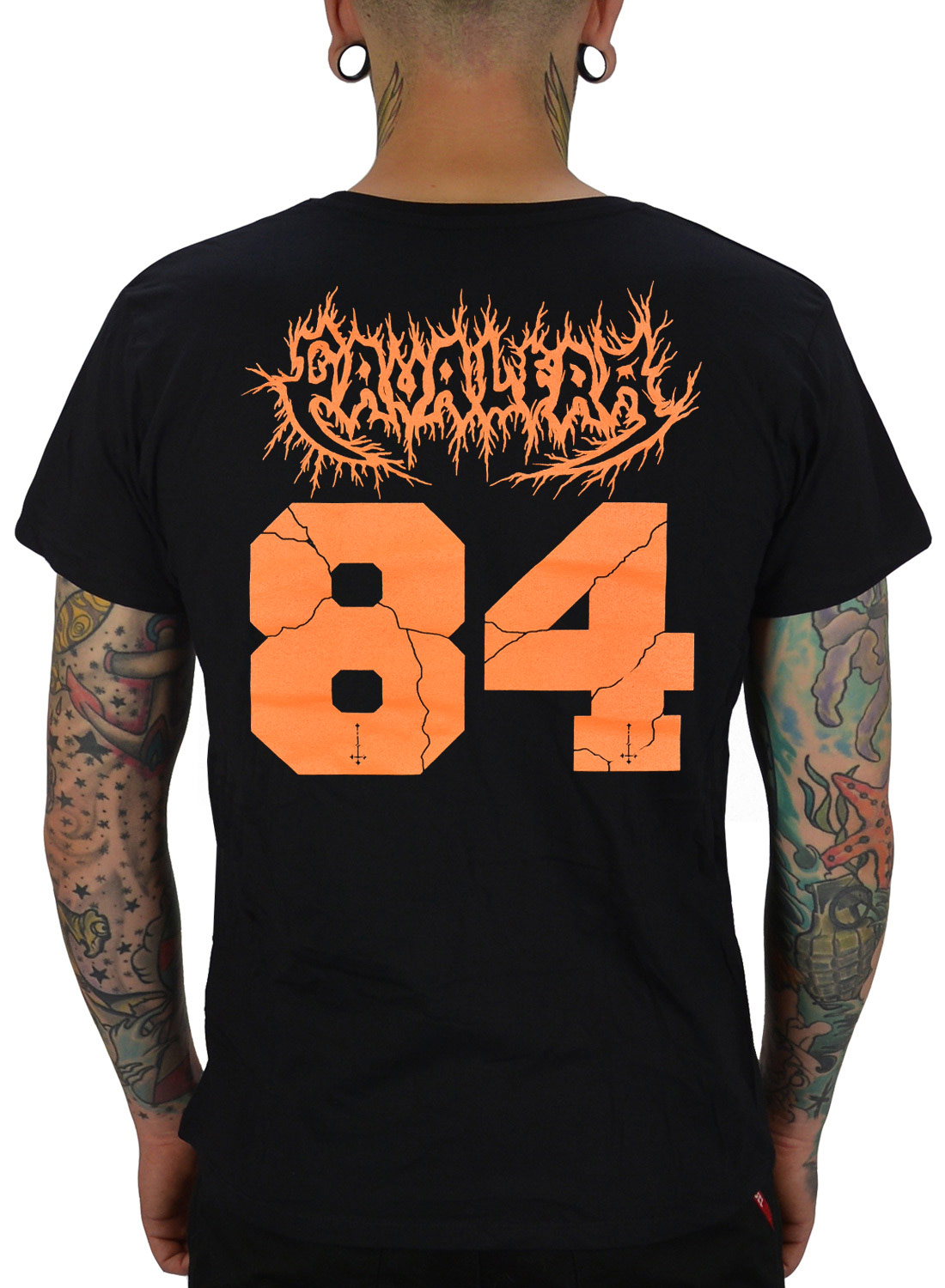 Cavalera T-shirt with 1984 print and band logo in orange on black background.