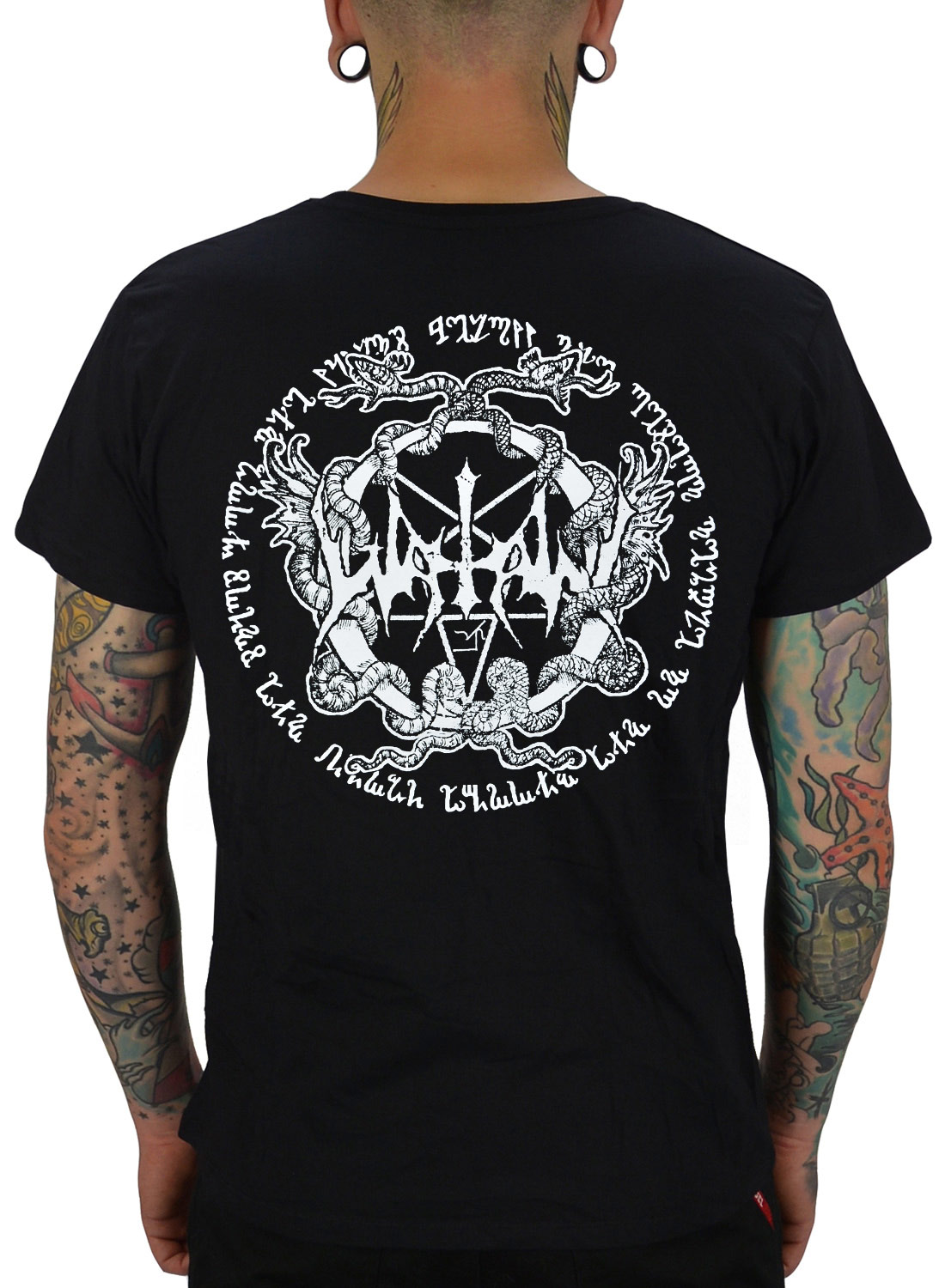 Watain T-shirt black with occult symbol and circular motif on the back.