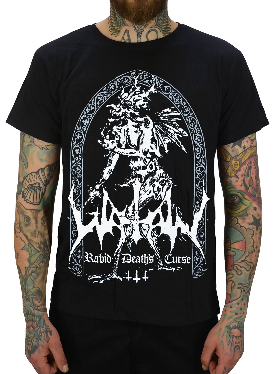Watain T-shirt black with Rabid Deaths Curse motif and demonic black metal design.