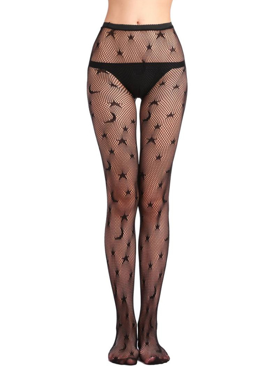 Black fishnet tights with stars and moons, high waist and gothic night sky design.