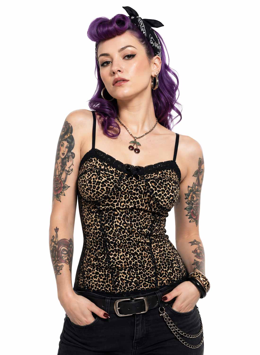 Leopard print bustier top with narrow shoulder straps, front view, edgy retro style