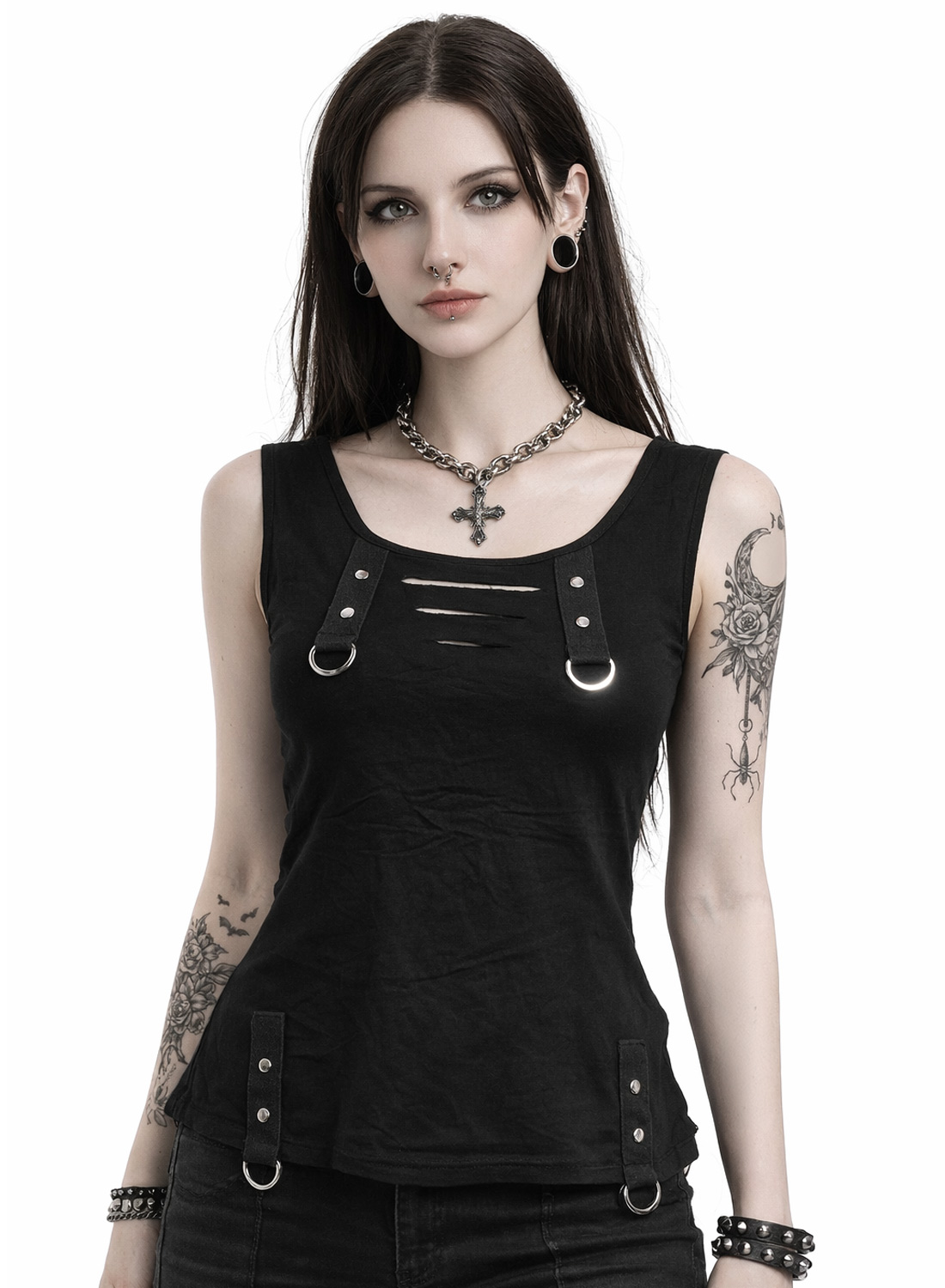 Industrial Rebel Tank Top. Black sleeveless dress with decorative straps, rivets and metal rings and worn cut-out details at the front.