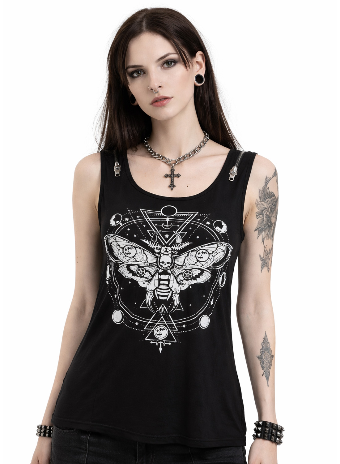 Occult Moth Tank Top. Black sleeveless top with white graphic print of moth with skull and geometric symbols on the front.