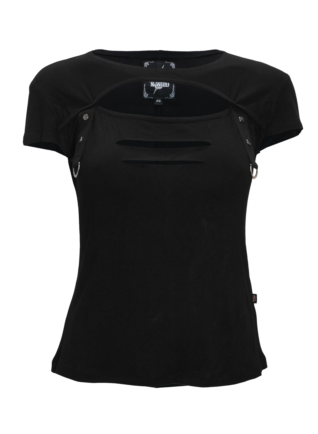 Black Maiden Top. Black short-sleeved goth style women's top with cut-out details, metal rings and decorative straps at the front.