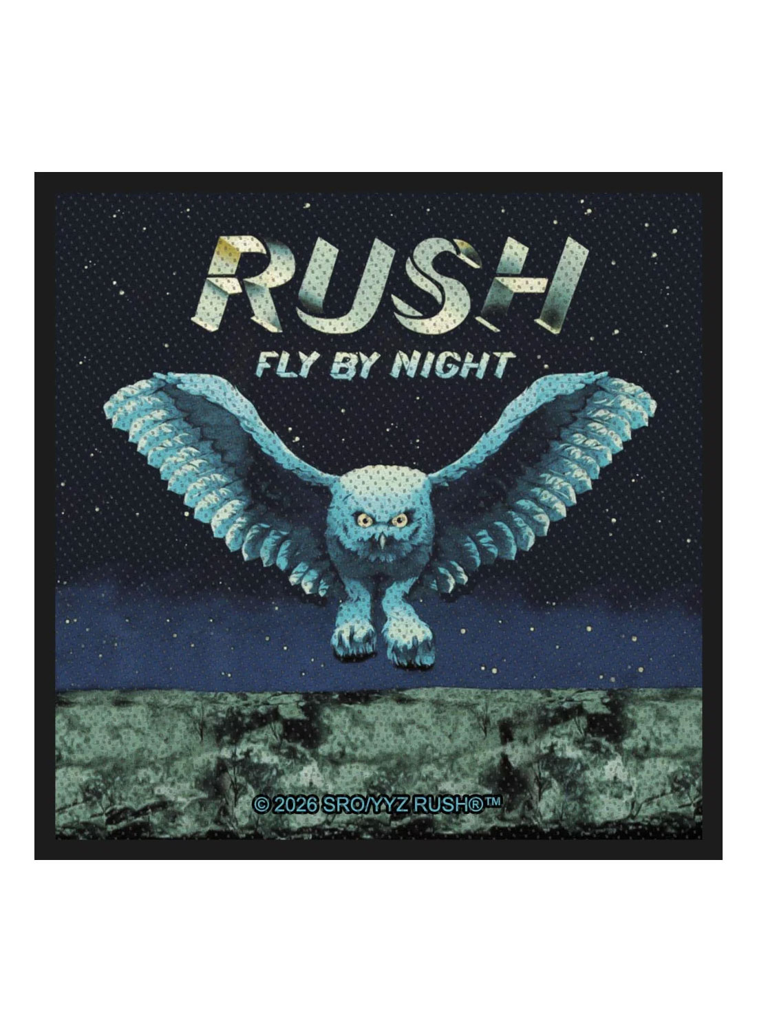 Patch with large owl motif and the text "Rush – Fly By Night" against a starry night sky.