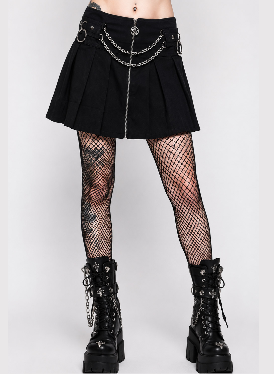 Black pleated gothic mini skirt with chains, O-rings, zipper and silver pentagram detail.