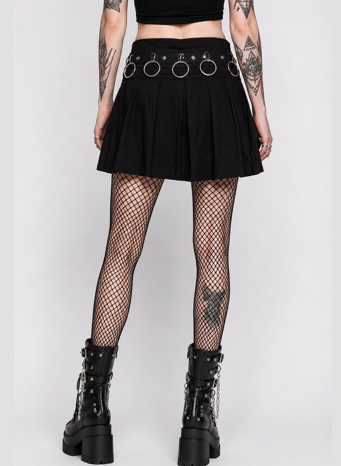 Black pleated gothic mini skirt with chains, O-rings, zipper and silver pentagram detail.