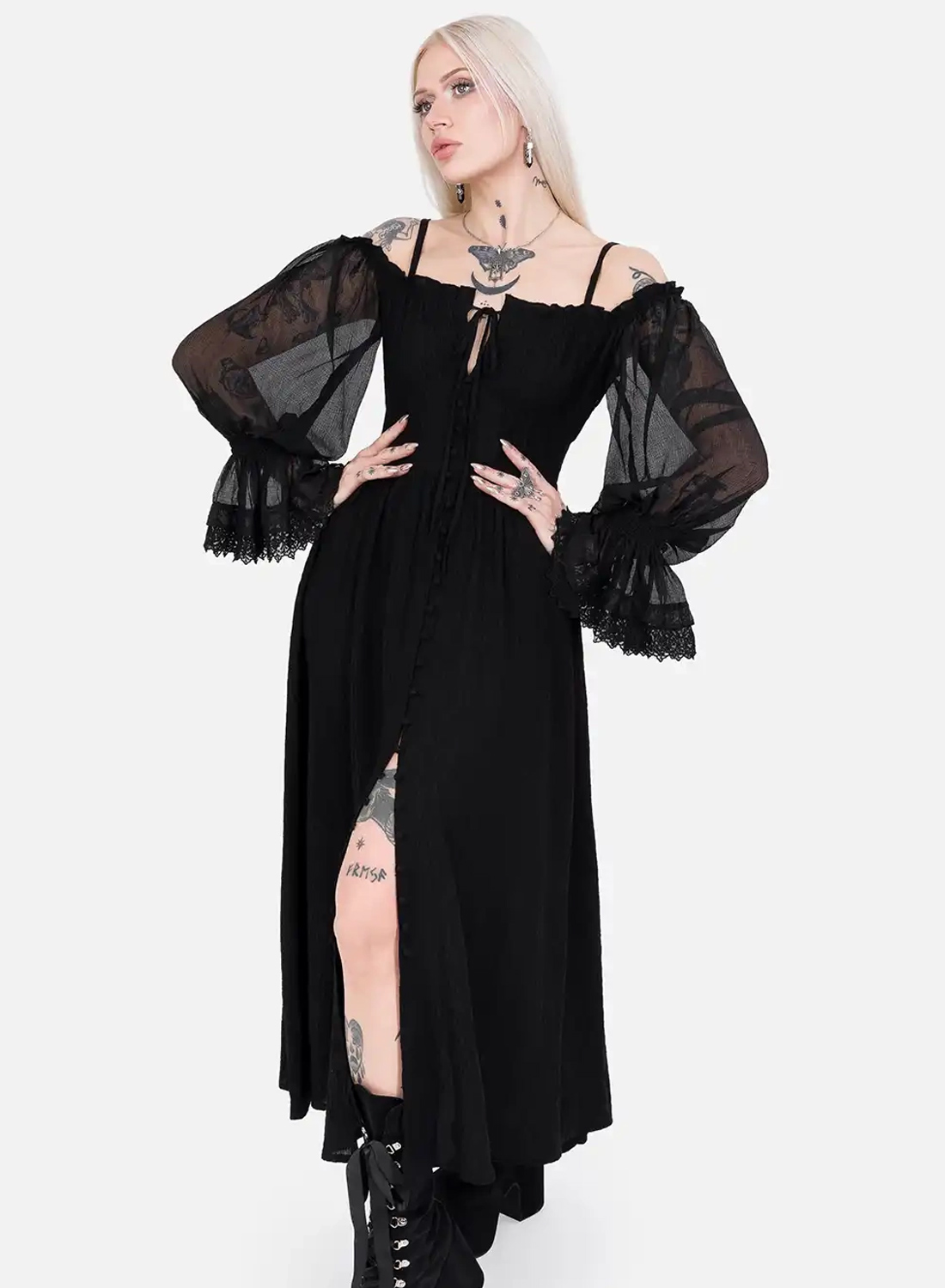 Restyle Night Calling black gothic maxi dress with sheer poet sleeves and lace details