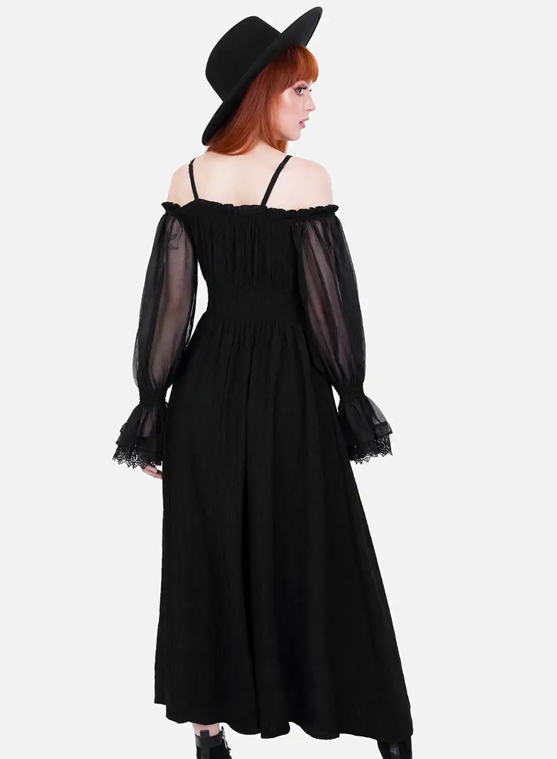 Restyle Night Calling black gothic maxi dress with sheer poet sleeves and lace details