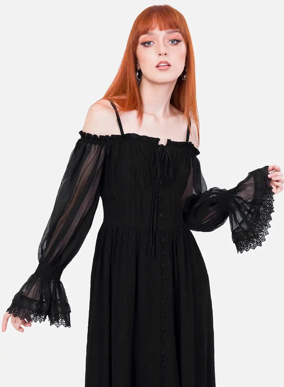 Restyle Night Calling black gothic maxi dress with sheer poet sleeves and lace details