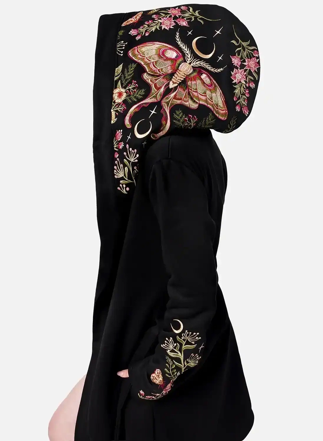 Restyle Wilderwood Hoodie - Black gothic hoodie with embroidered Luna Moth, moons and woodland flowers