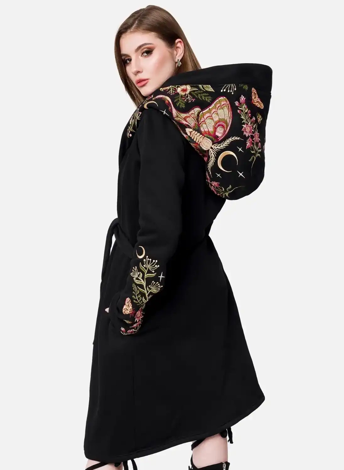 Restyle Wilderwood Hoodie - Black gothic hoodie with embroidered Luna Moth, moons and woodland flowers
