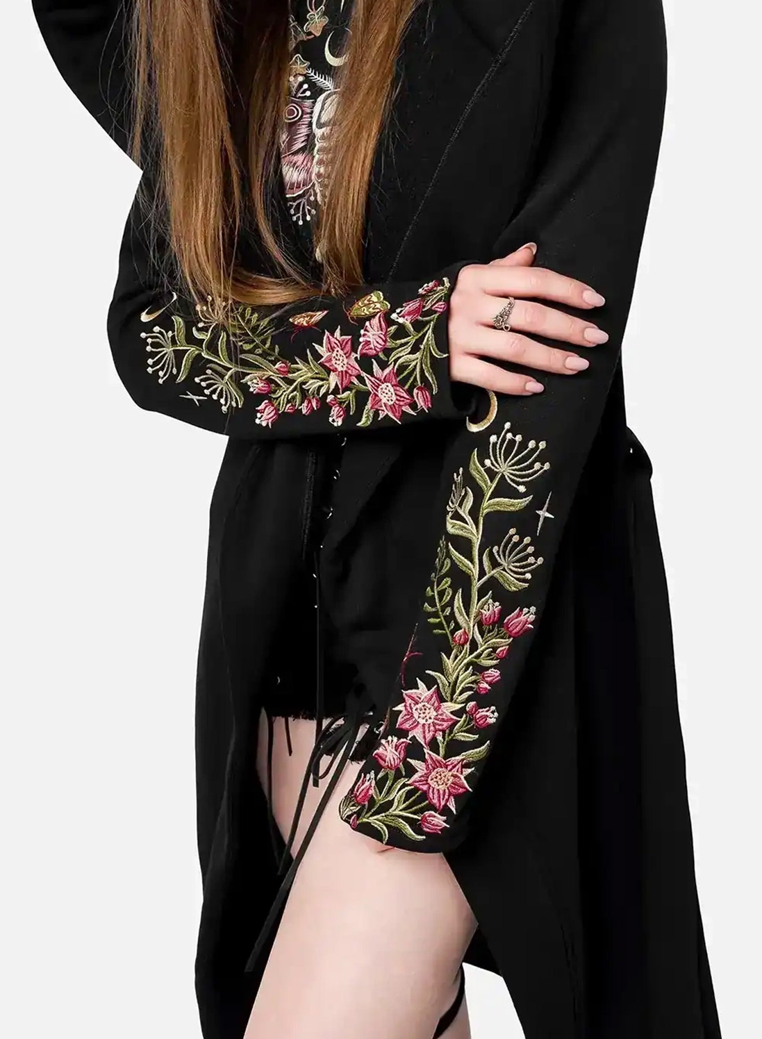 Restyle Wilderwood Hoodie - Black gothic hoodie with embroidered Luna Moth, moons and woodland flowers