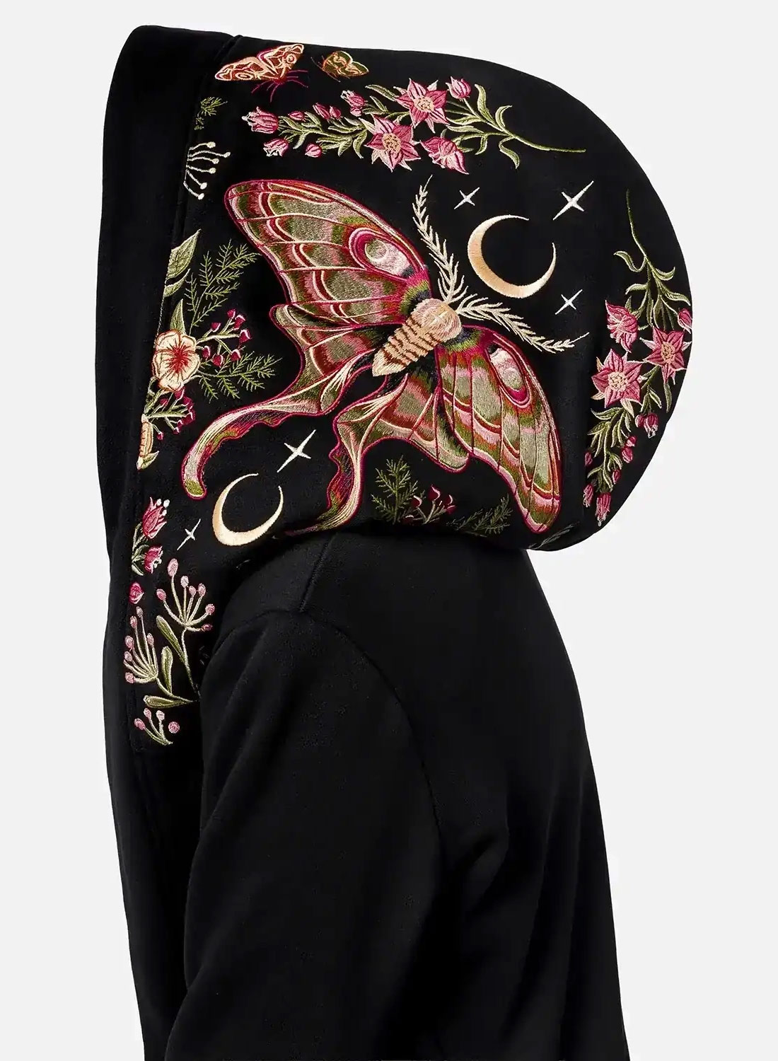 Restyle Wilderwood Hoodie - Black gothic hoodie with embroidered Luna Moth, moons and woodland flowers