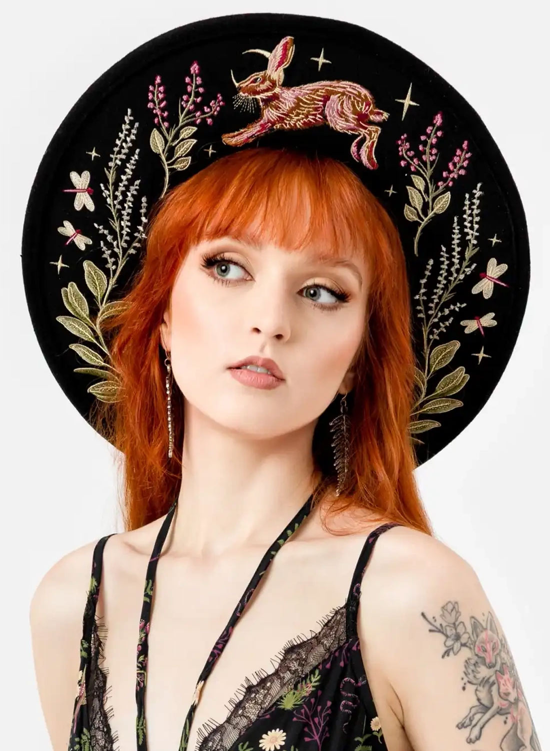 Restyle Hare Moon Hat - Gothic woolen hat with embroidered wild hare, dragonflies and forest plants