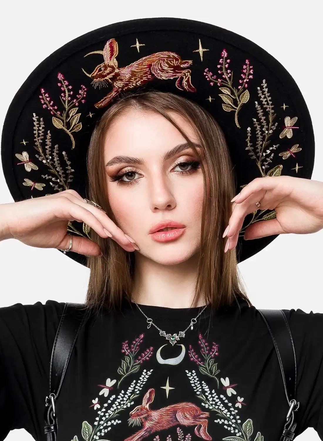 Restyle Hare Moon Hat - Gothic woolen hat with embroidered wild hare, dragonflies and forest plants