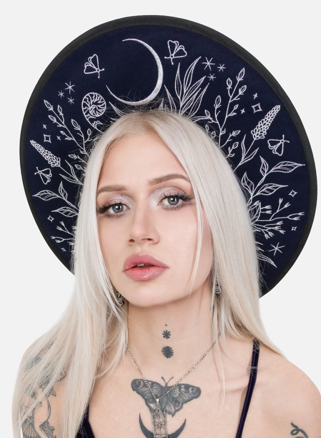 Restyle Stellar Glow Hat - midnight blue gothic wool hat with silver embroidered moths, moons and stars