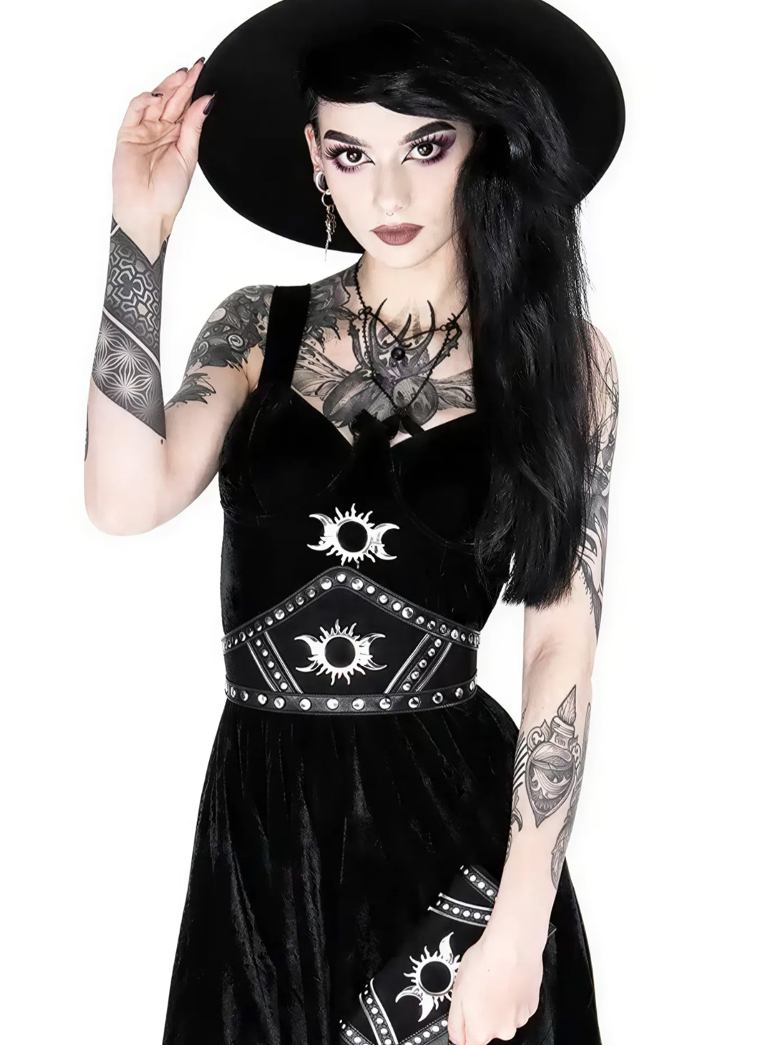 Restyle Goodess Waist Belt. Black gothic waist belt with Triple Goddess motif and silver studs
