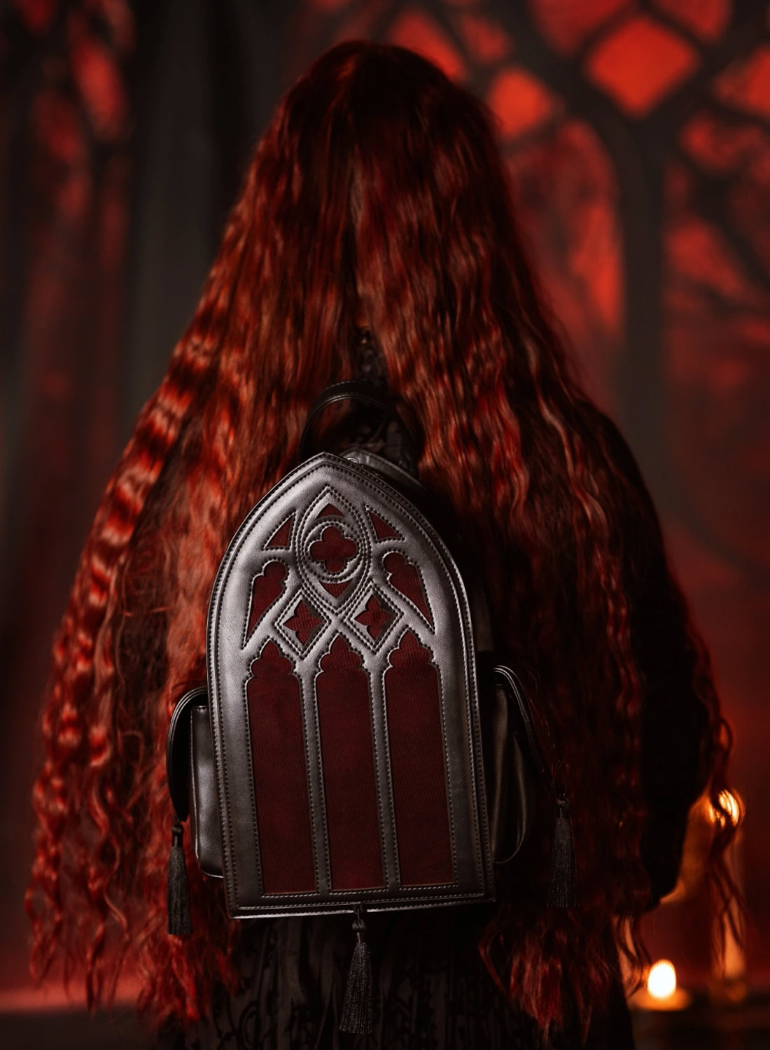 Restyle Rubrum Lux gothic backpack with burgundy velvet and cathedral design