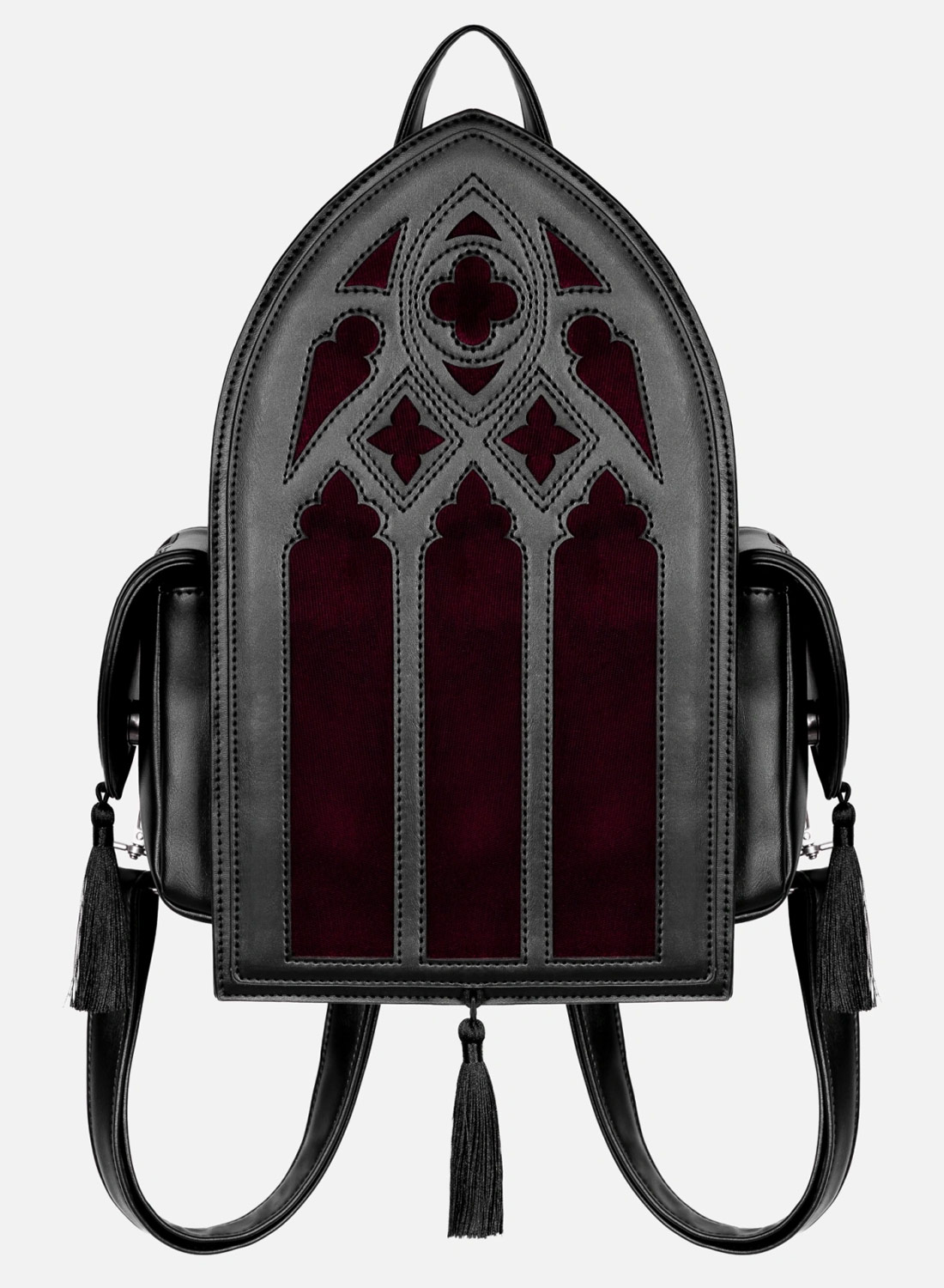 Restyle Rubrum Lux gothic backpack with burgundy velvet and cathedral design