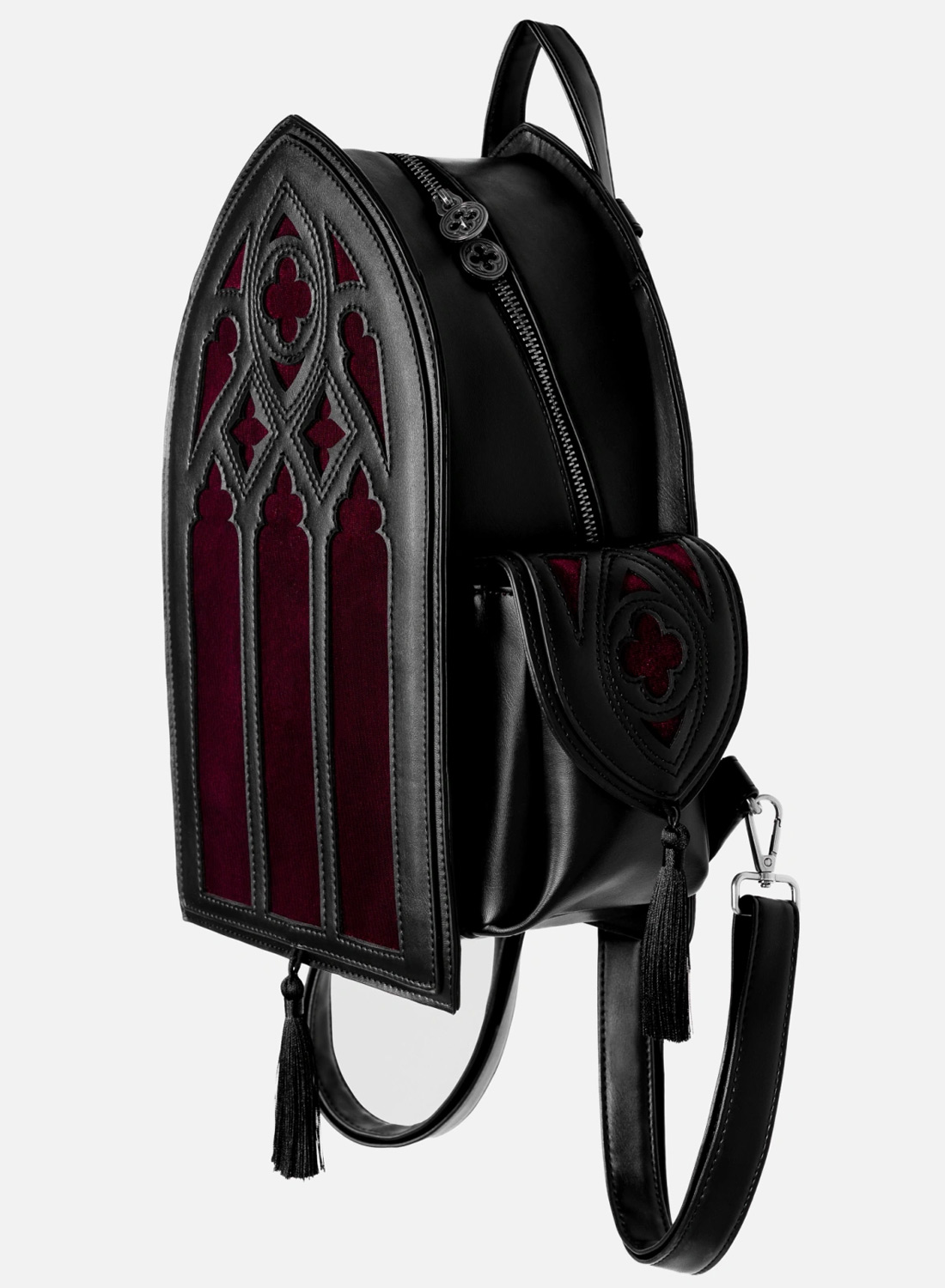 Restyle Rubrum Lux gothic backpack with burgundy velvet and cathedral design