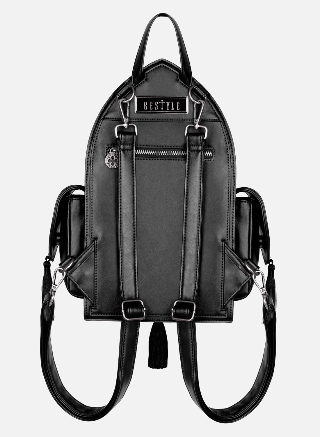 Restyle Rubrum Lux gothic backpack with burgundy velvet and cathedral design