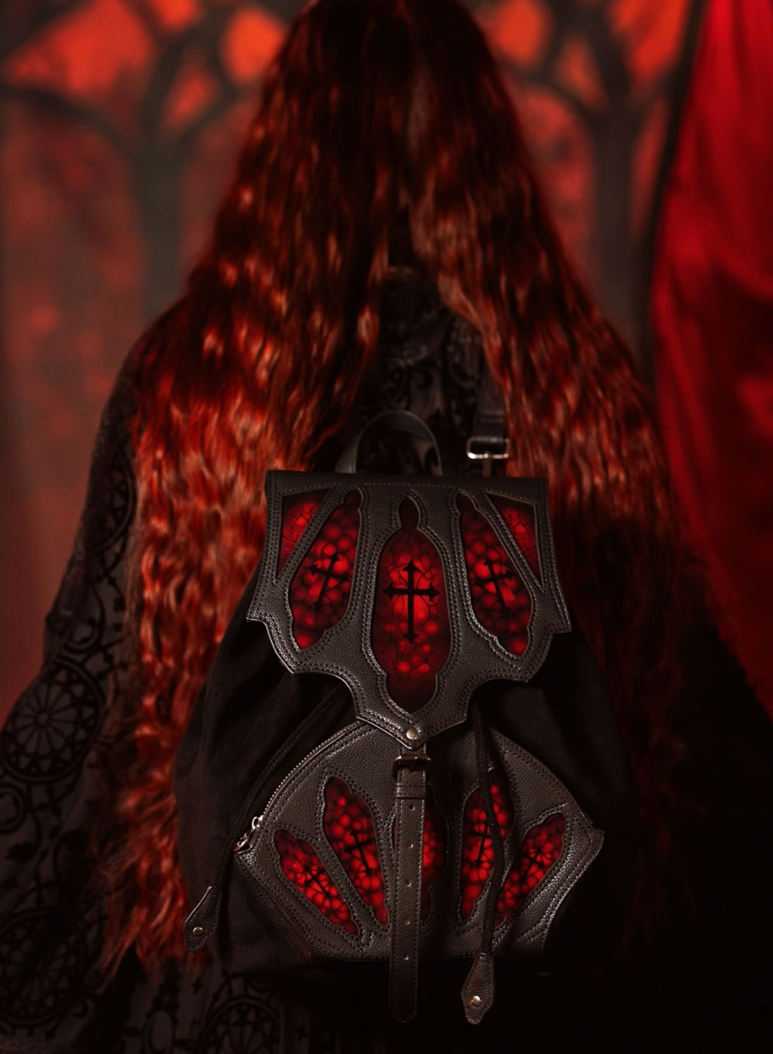 Restyle Bloodveil Black Gothic Backpack with Red Cathedral Windows