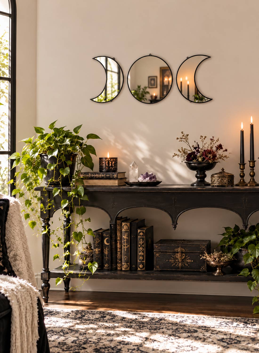 Goddess Moon Mirror - decorative gothic wall mirror with three moon phases, two crescents and a round full moon in the middle.