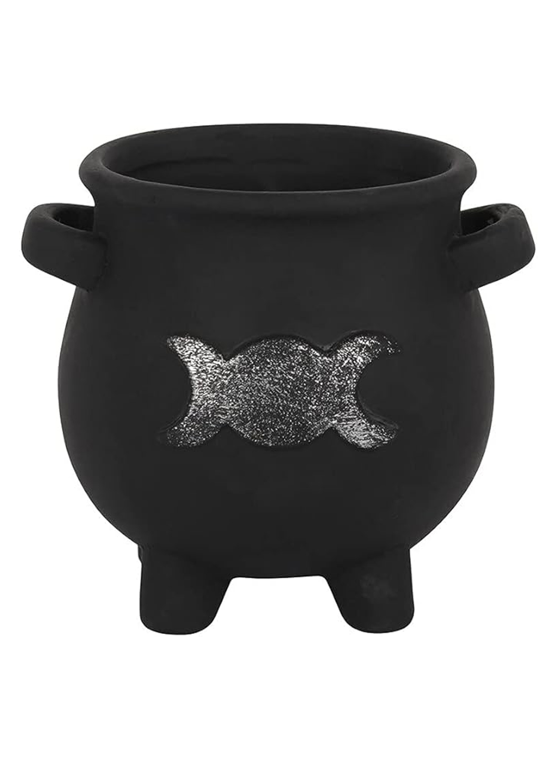 Goddess Cauldron Planter Pot - black gothic flower pot in the shape of a witch's cauldron with silver triple moon, small handles and green plants.