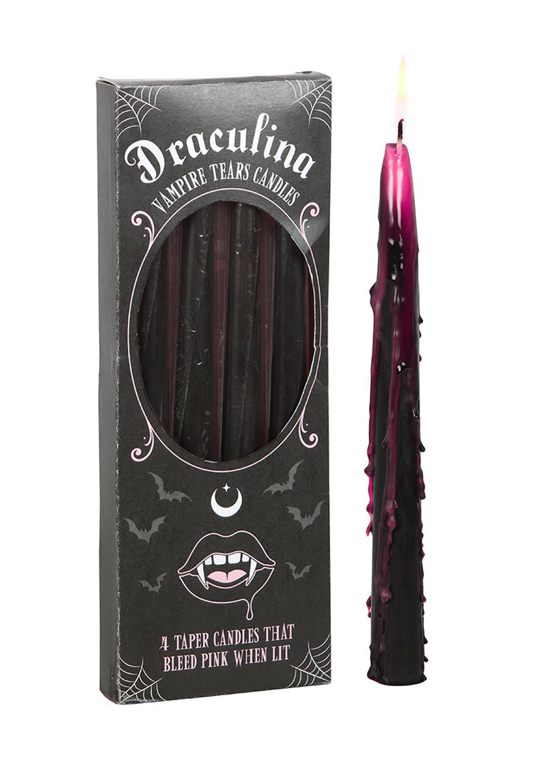 Pink Vampire Tears Candles - four black gothic vampire candles melting with pink wax, displayed with packaging and lit candle.