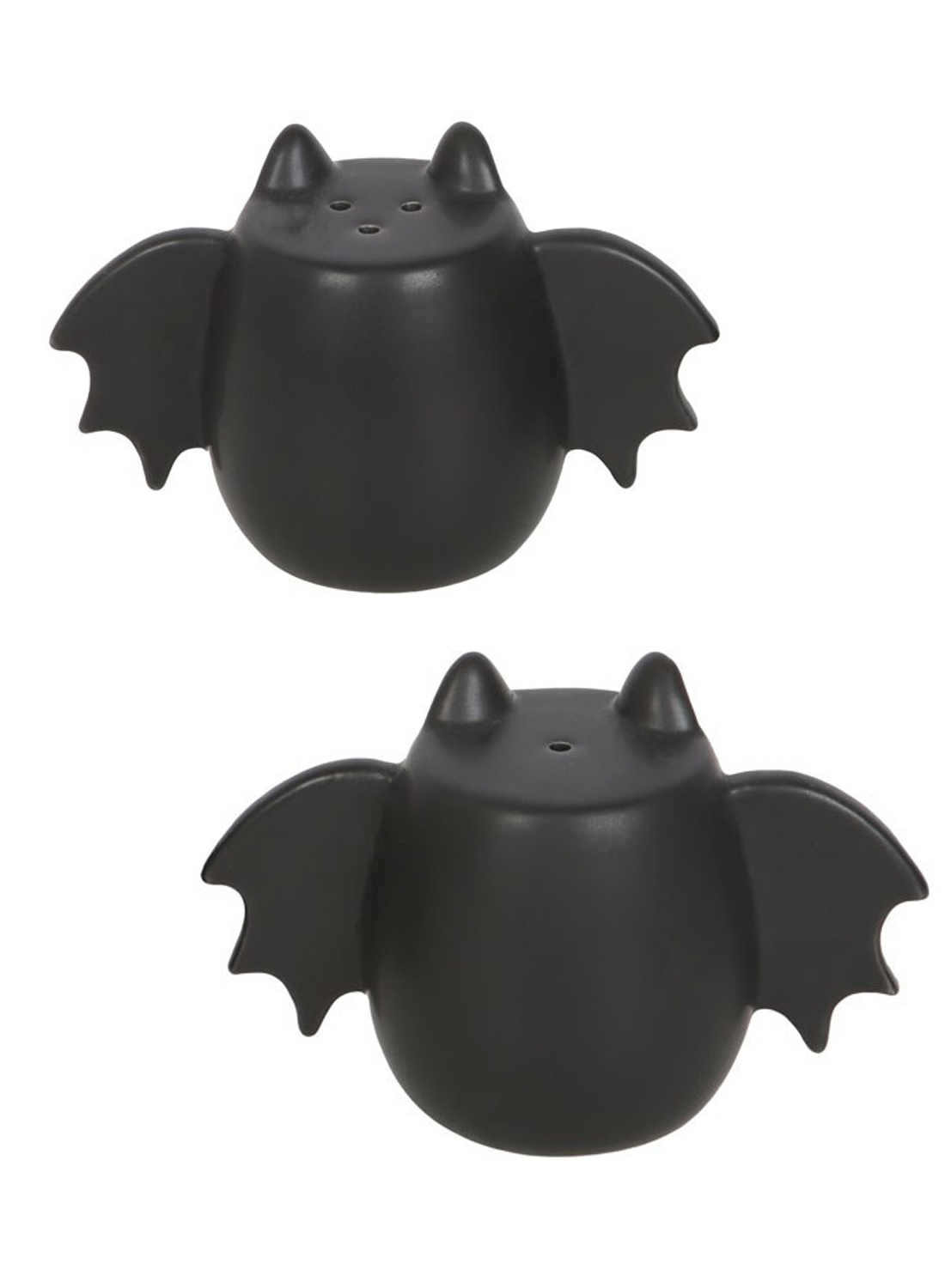 Bat Wing Salt and Pepper - two black salt and pepper shakers shaped like bats with outstretched wings, pointed ears and matte finish.
