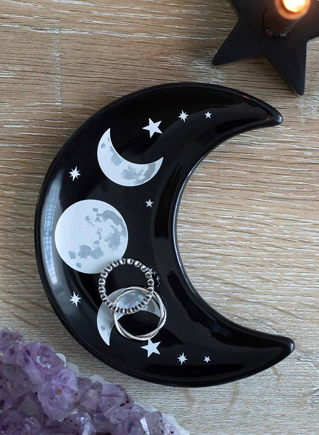 Cosmo Crescent Dish. Gothic jewelry dish in ceramic shaped like a crescent moon with triple moon symbol. Perfect for rings, jewelry and witchy decor.