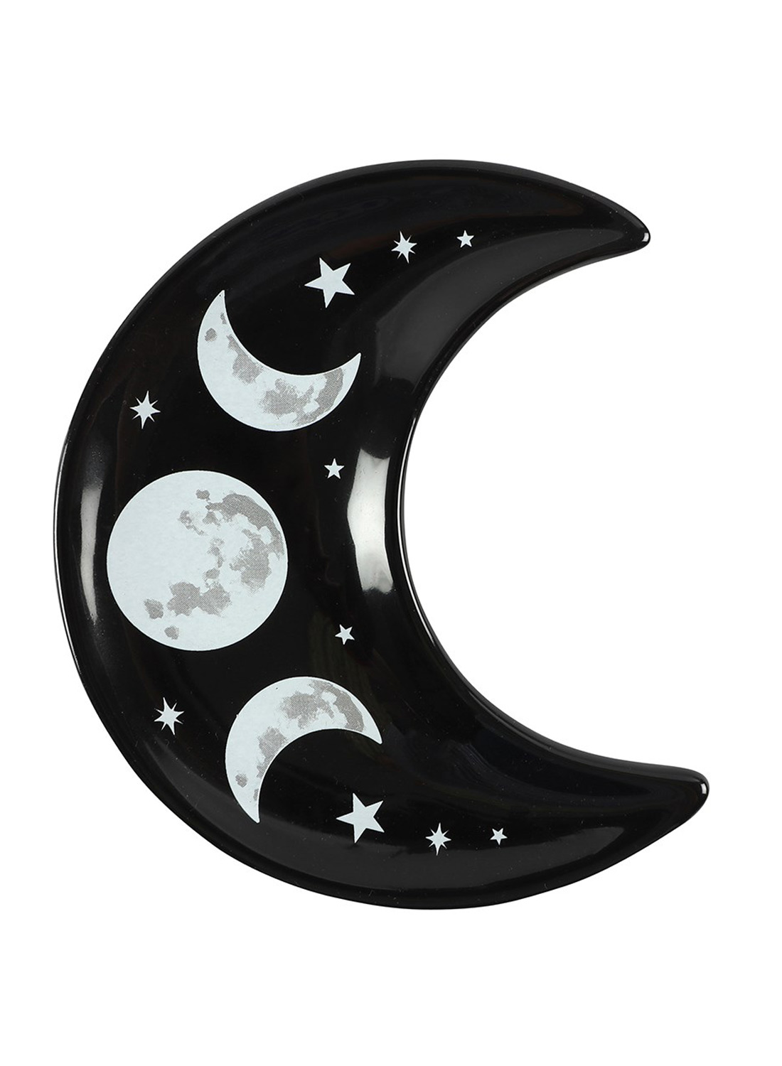 Cosmo Crescent Dish. Gothic jewelry dish in ceramic shaped like a crescent moon with triple moon symbol. Perfect for rings, jewelry and witchy decor.
