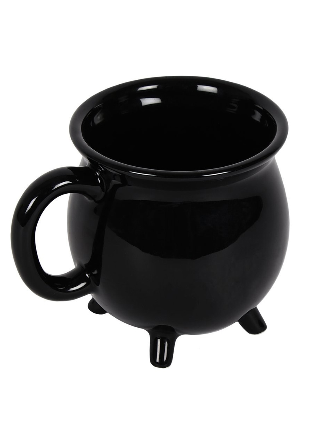Black Cauldron Mug – black glossy mug in the shape of a witch's cauldron with a round handle, wide opening and three small legs against a white background.
