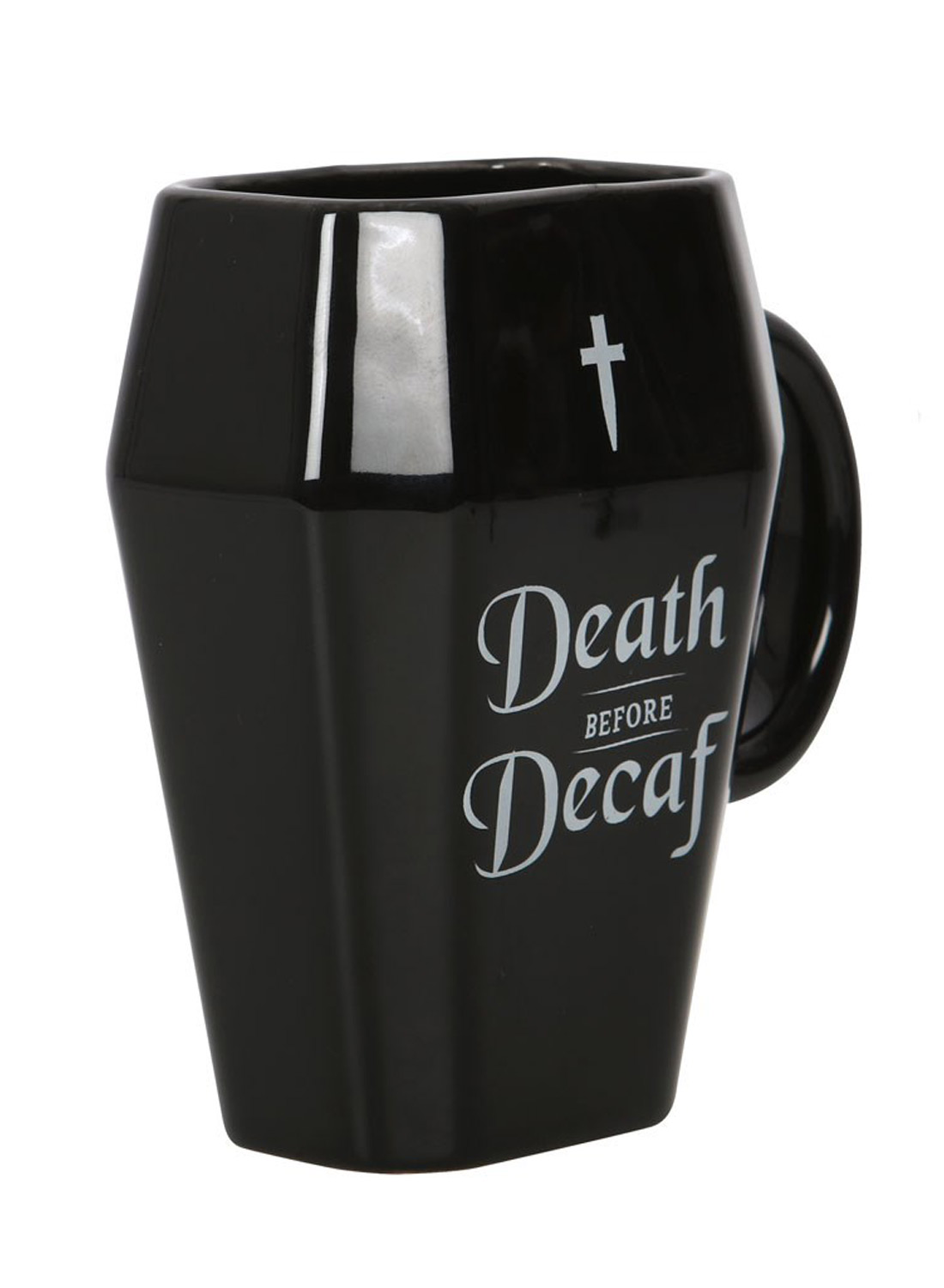 Death Before Decaf Coffin Mug - black glossy coffee mug shaped like a coffin with a white cross, Death Before Decaf print and large handle.