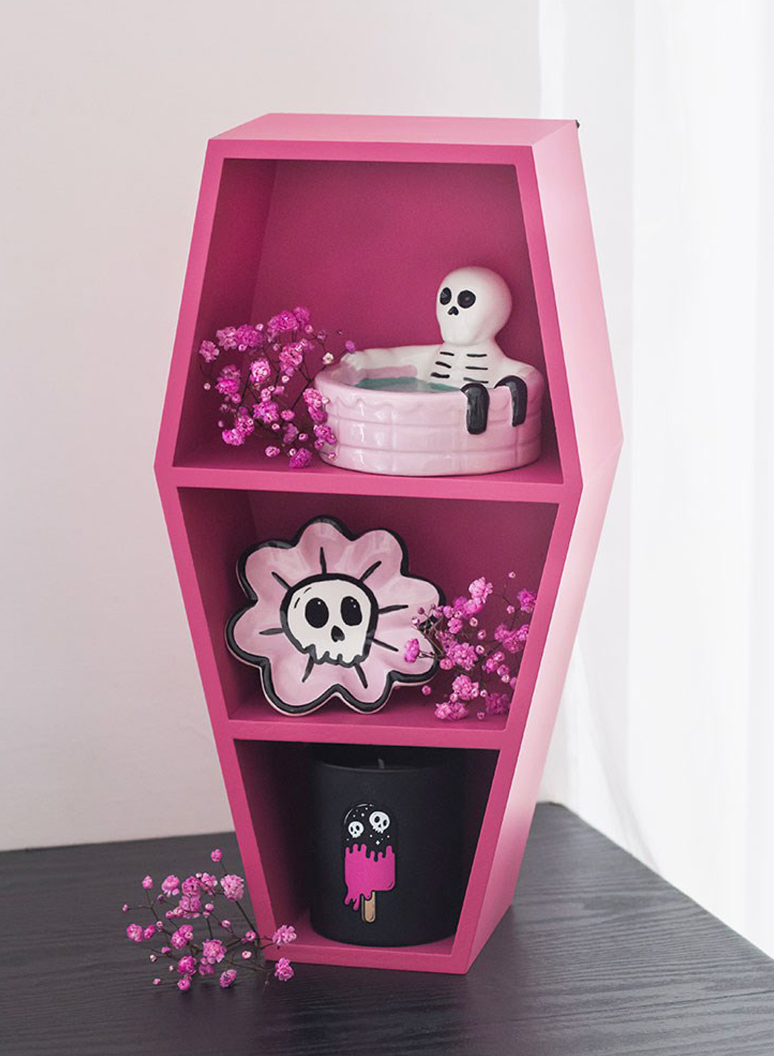 Coffin Of Cuteness. Bright pink coffin-shaped shelf, approximately 40 cm high, for crystals, plants and decorations. Perfect for pastel goth and creepy cute decor.