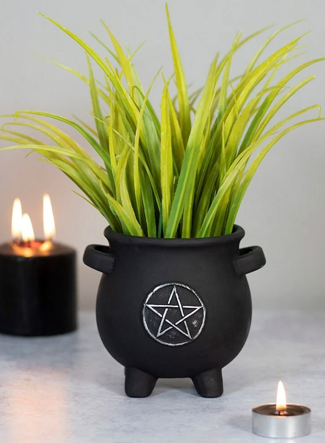Penta Cauldron Planter Pot - black gothic flower pot shaped like a witch's cauldron with silver colored pentagram, green plants and small side handles.