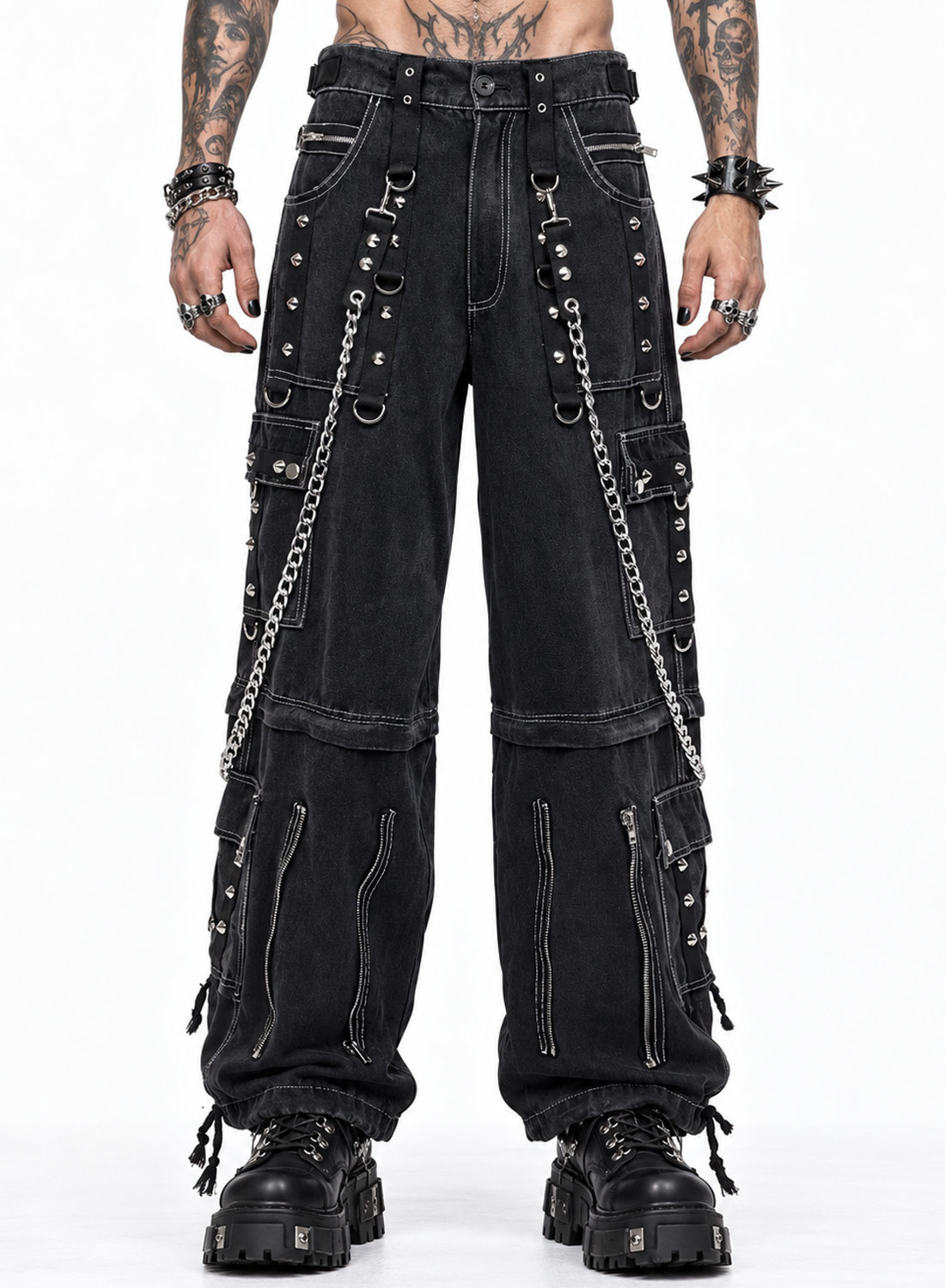 From The Abyss Pants Black - Black baggy gothic denim pants with metal chains, rivets, straps and detachable pant legs.